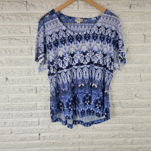World Unity Womens Top 3X Plus Tee Blue Abstract Tie Dye Polyester Comfy Studded