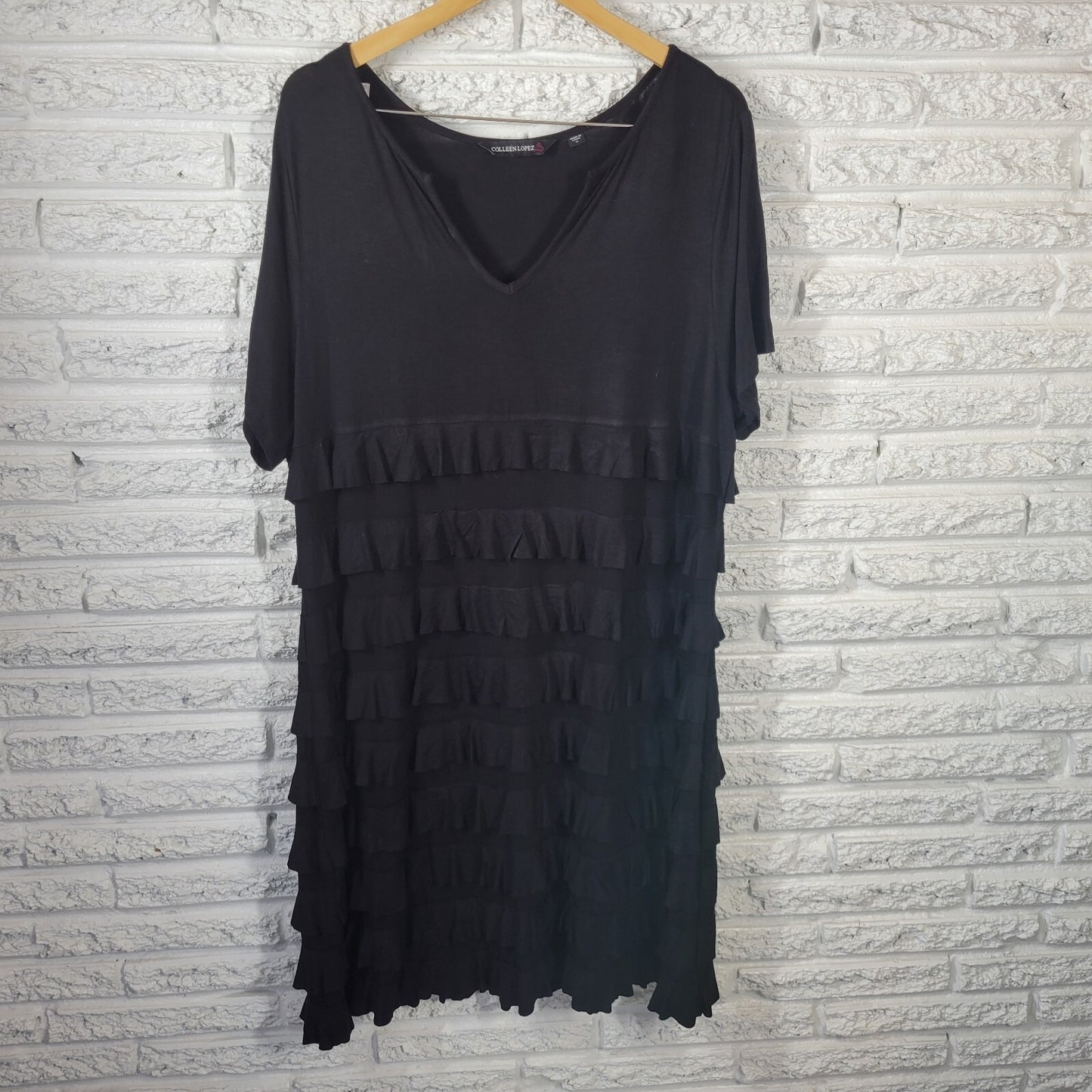 Colleen Lopez Women Dress 1X Plus Short Sleeve Black Tiered Rayon Blend Casual