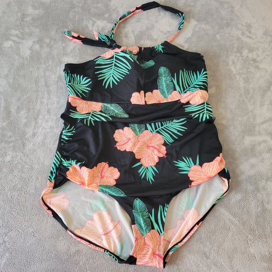 Crane Womens Swimsuit XXL Plus One Piece Halter Pink Black Floral Bra Keyhole