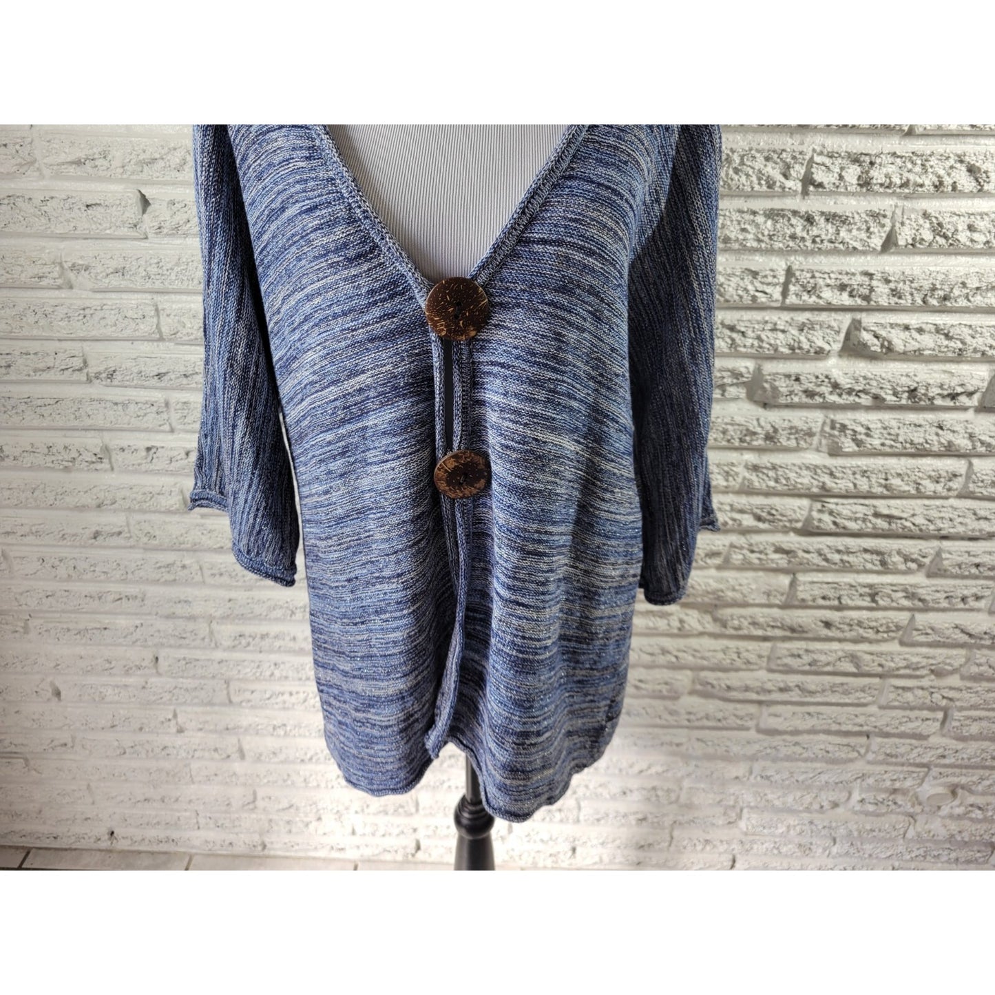 JM Collection Womens Sweater 2X Plus Cardigan Large Buttons Blue Metallic Marled