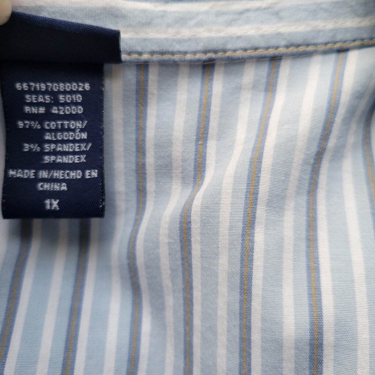 Basic Editions Womens Top 1X 3/4 Sleeve Collar Blue Stripe Button Up Lightweight