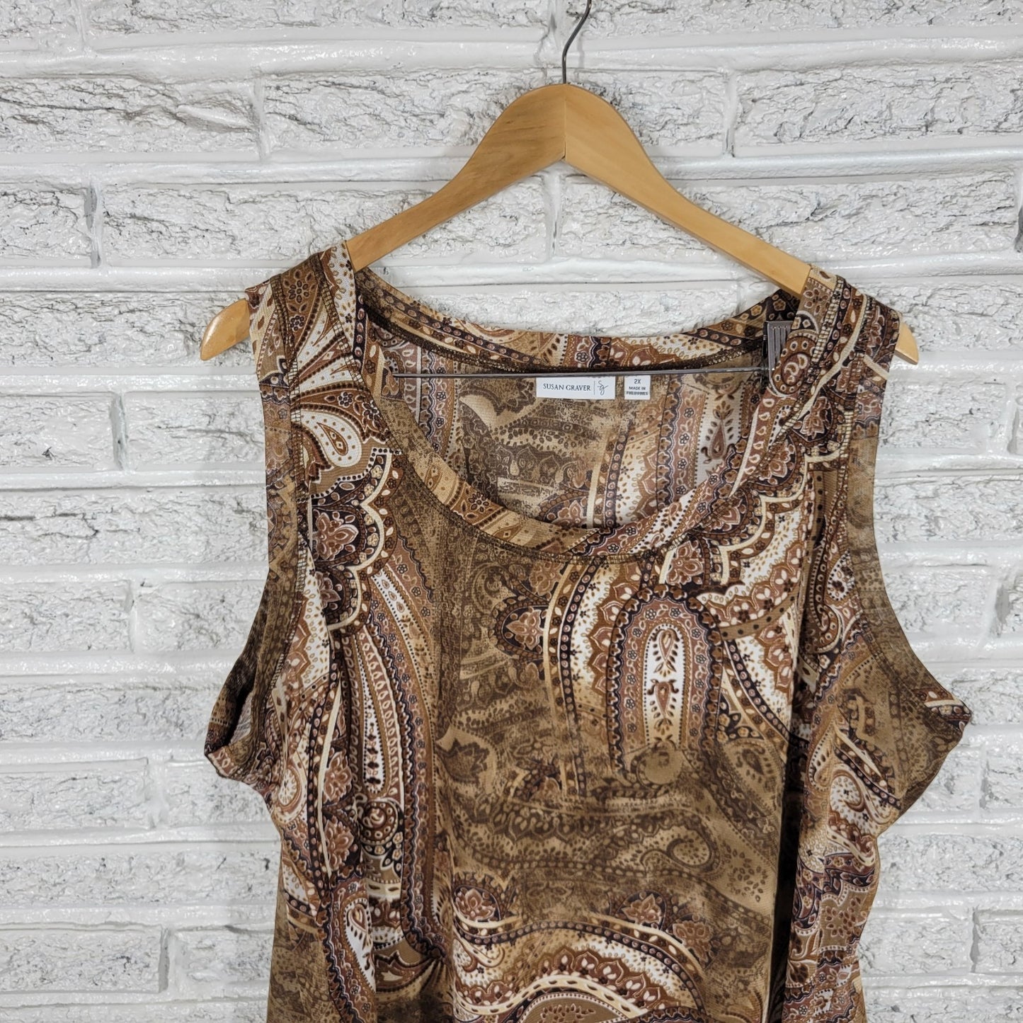 Susan Graver QVC Womens Top 2X Plus Tank Brown Paisley Polyester Sheer Office