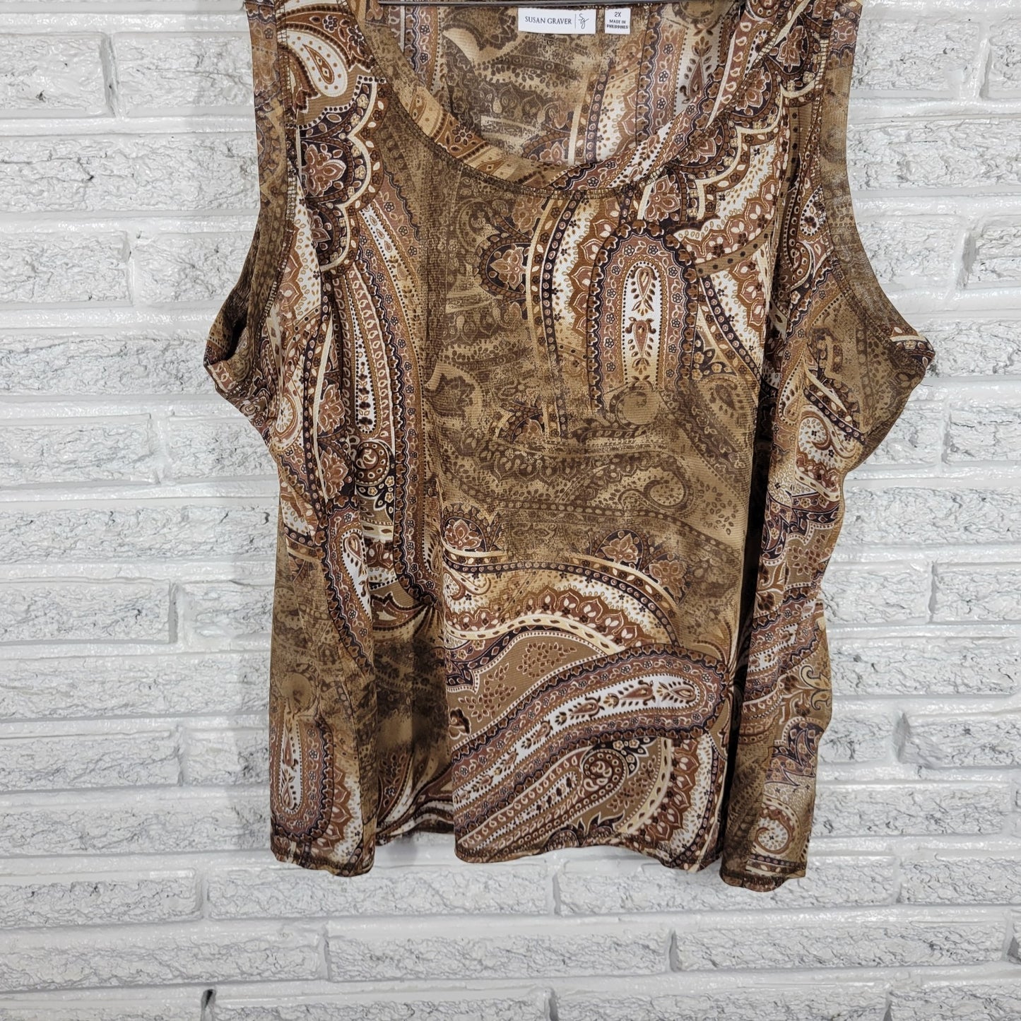 Susan Graver QVC Womens Top 2X Plus Tank Brown Paisley Polyester Sheer Office