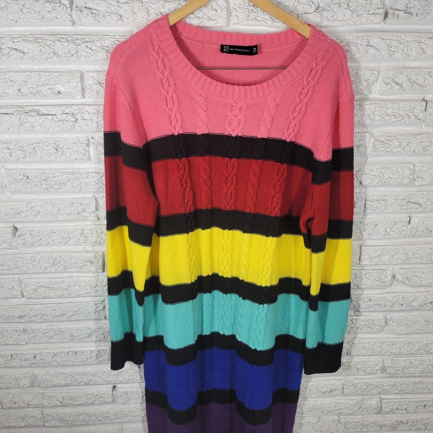 New York Co Womens Dress XXL Plus Sweater Long Sleeve Cable Knit Rainbow Acrylic
