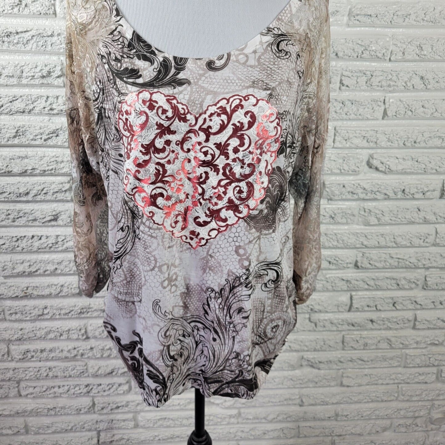 Style Co Womens Top Extra Large Lace Sleeve Heart Gray Pink Paisley Metallic