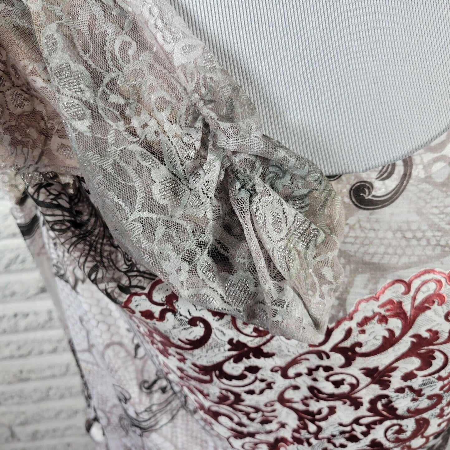 Style Co Womens Top Extra Large Lace Sleeve Heart Gray Pink Paisley Metallic