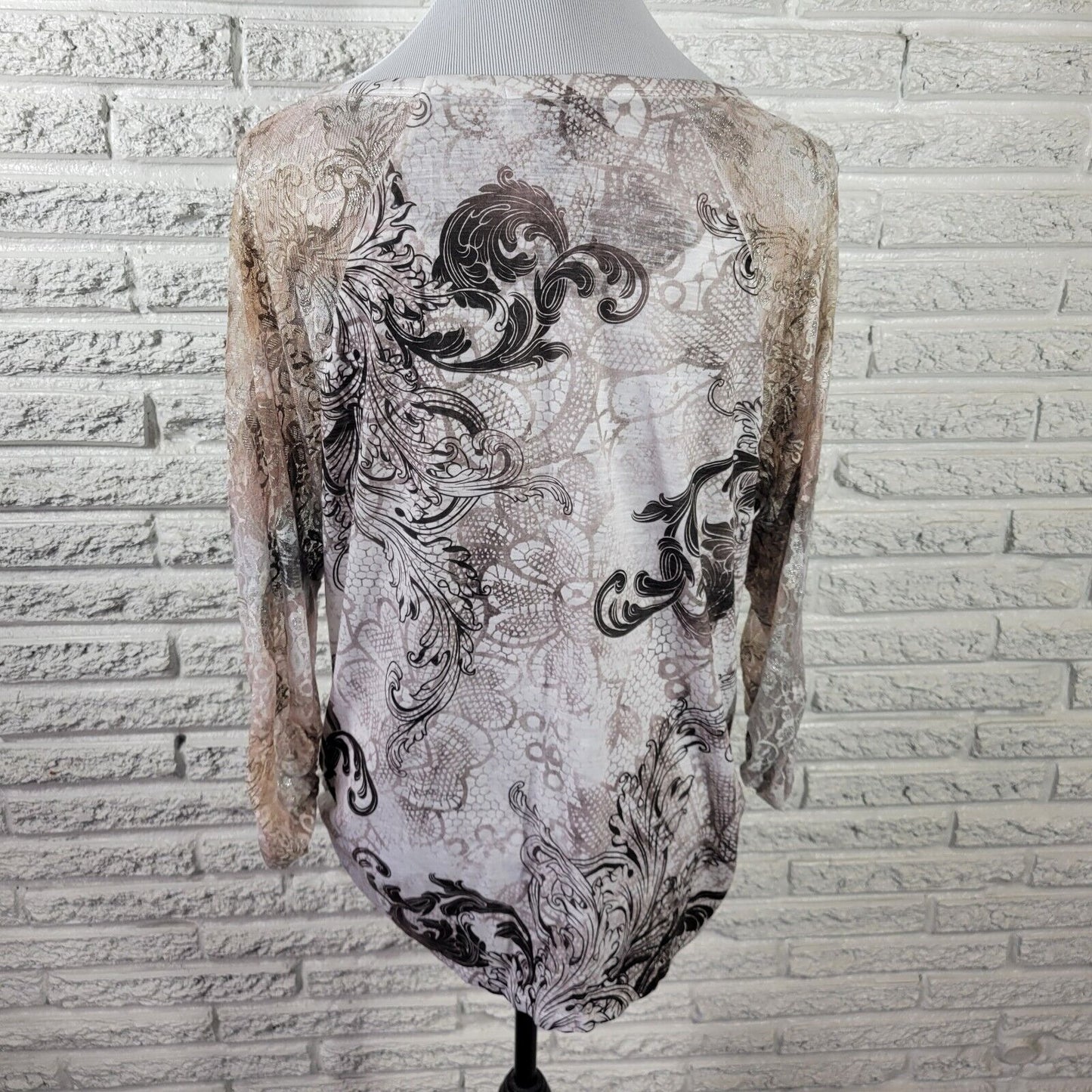Style Co Womens Top Extra Large Lace Sleeve Heart Gray Pink Paisley Metallic