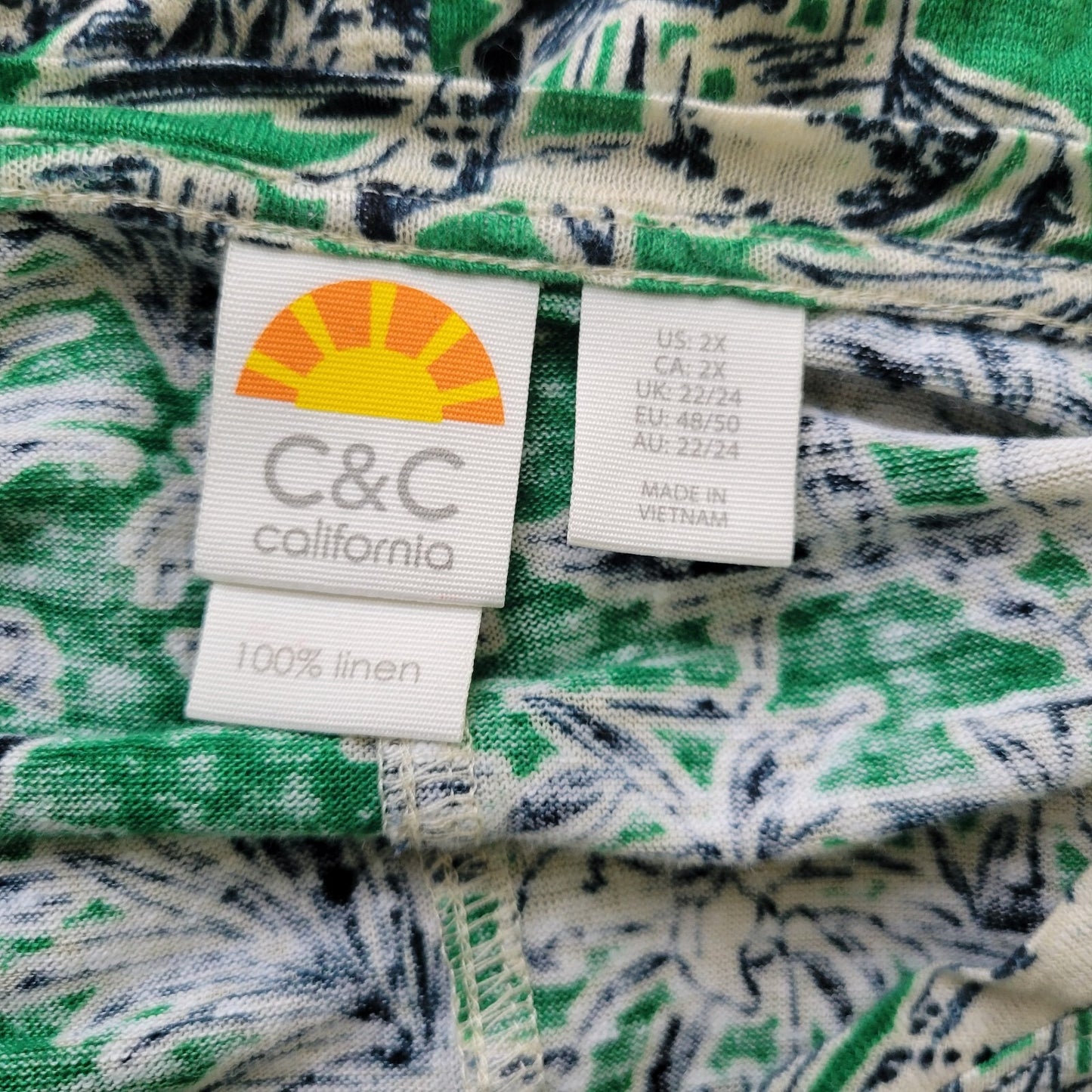 C&C California Womens Top 2X Plus 3/4 Sleeve Green Floral Linen Lightweight