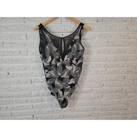 Time Tru Womens Swimsuit XL One Piece Black White Floral Mesh Plunge Neck Bra
