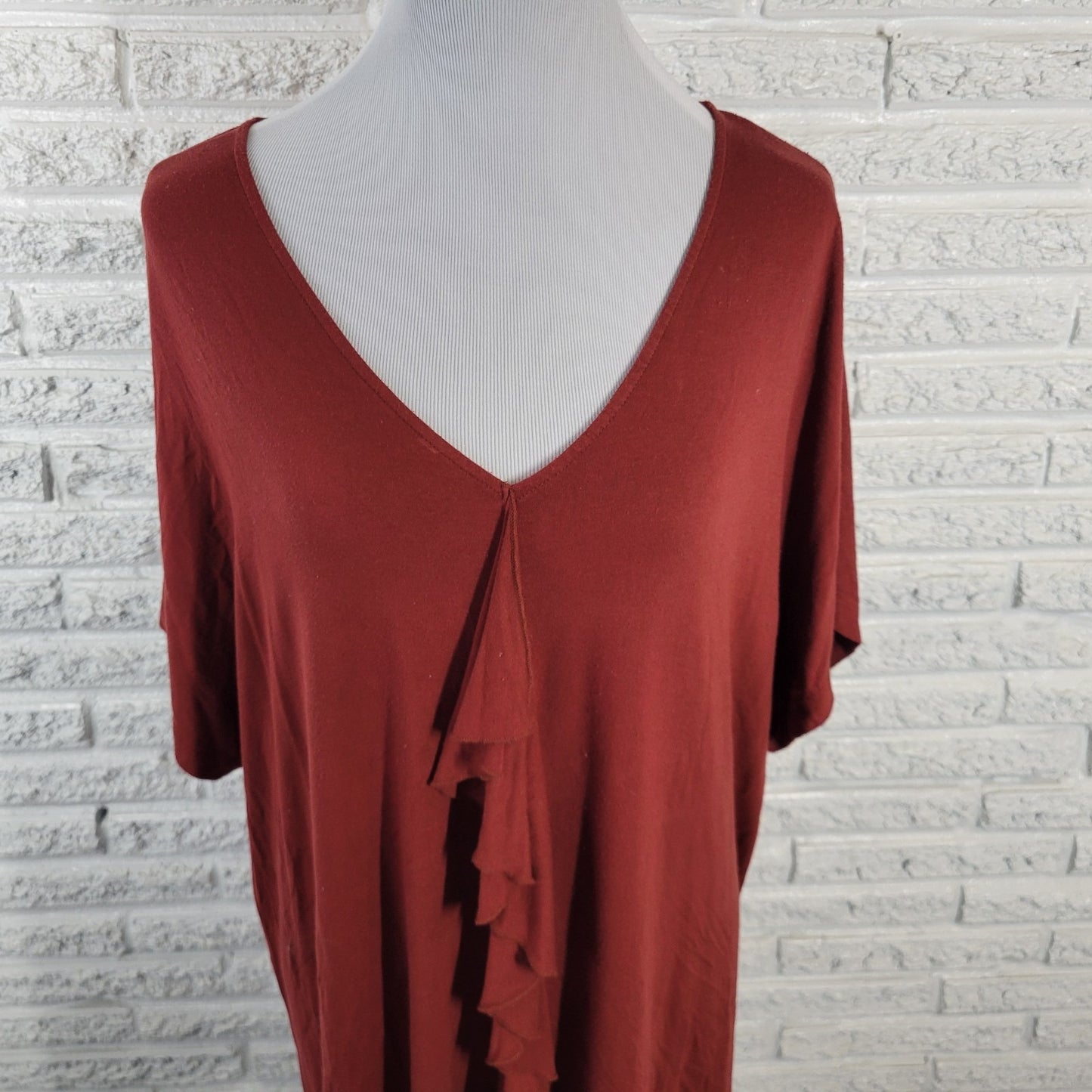 Catherines Women Top 0X 14W 16W Plus Short Sleeve Brown Ruffle Rayon Blend Comfy