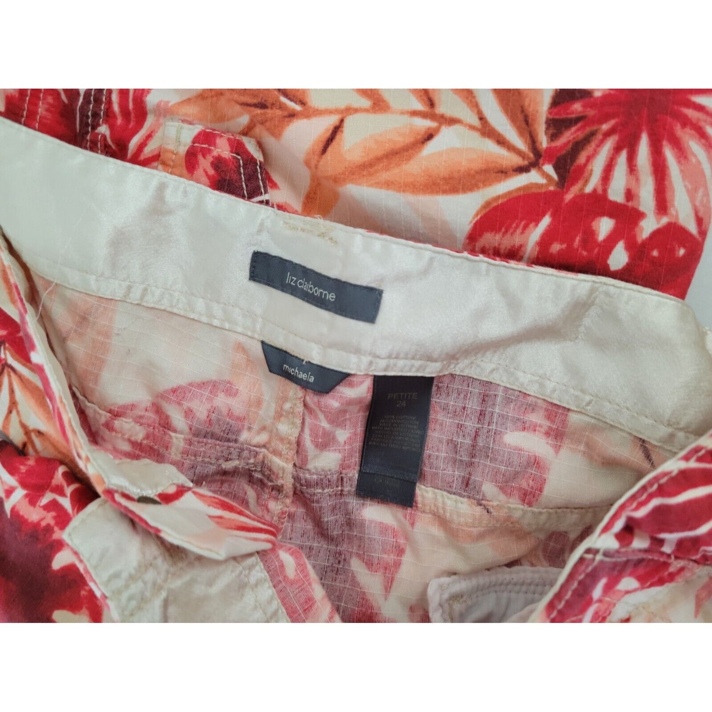 Liz Claiborne Women Pants 24P Plus Michaela Capri Red Floral Cotton Casual Comfy