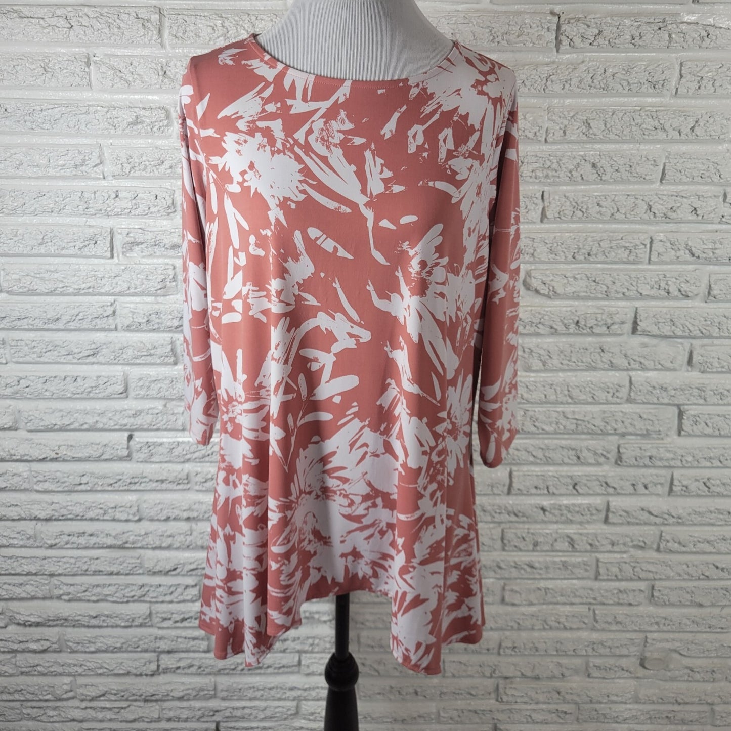 Alfani Womens Top 0X Plus Tunic Long Sleeve Pink White Watercolor Poly Blend
