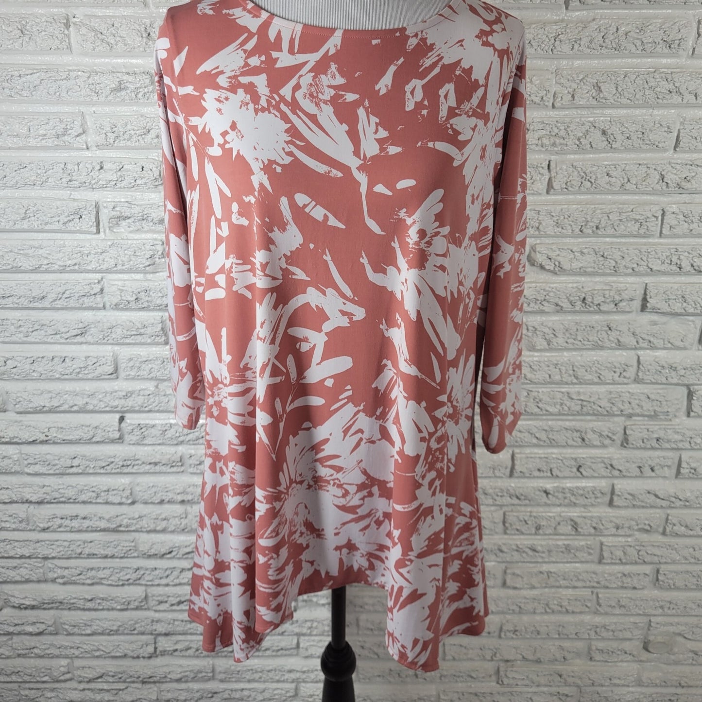 Alfani Womens Top 0X Plus Tunic Long Sleeve Pink White Watercolor Poly Blend