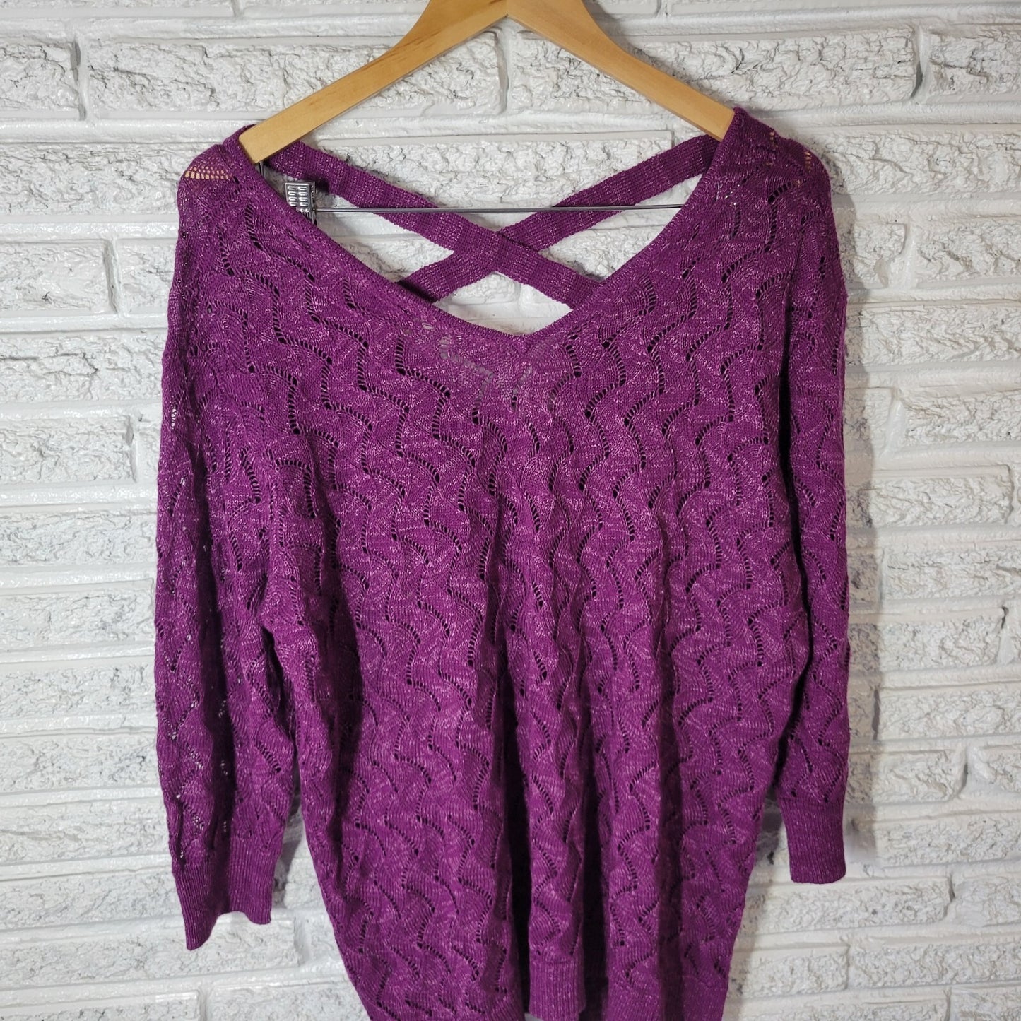 Sejour Womens Sweater 1X Plus Purple Soft Cotton Blend Lightweight Lattice Back