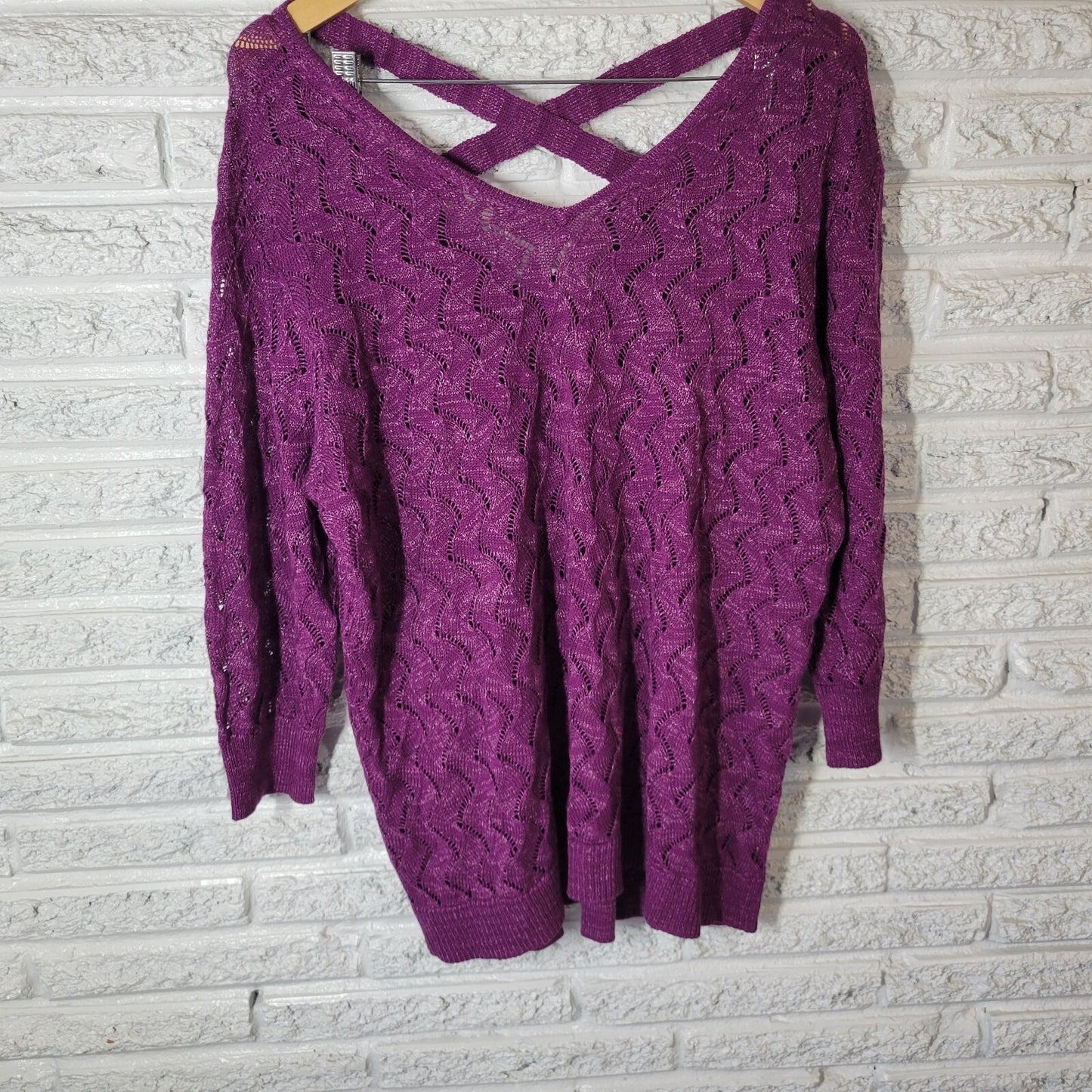 Sejour Womens Sweater 1X Plus Purple Soft Cotton Blend Lightweight Lattice Back