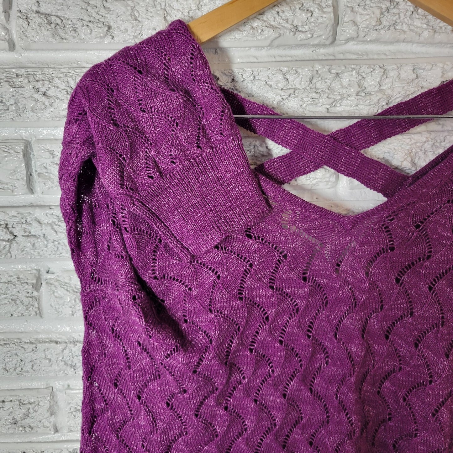 Sejour Womens Sweater 1X Plus Purple Soft Cotton Blend Lightweight Lattice Back