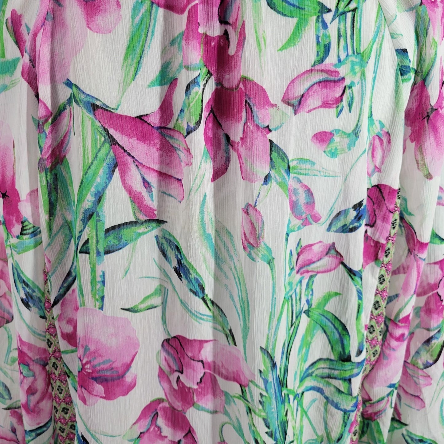 Zac Rachel Womens Top XL 3/4 Sleeve Pink Green Floral Sheer Keyhole Lace Trim