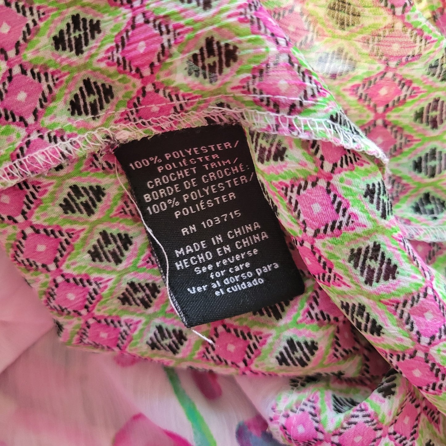 Zac Rachel Womens Top XL 3/4 Sleeve Pink Green Floral Sheer Keyhole Lace Trim