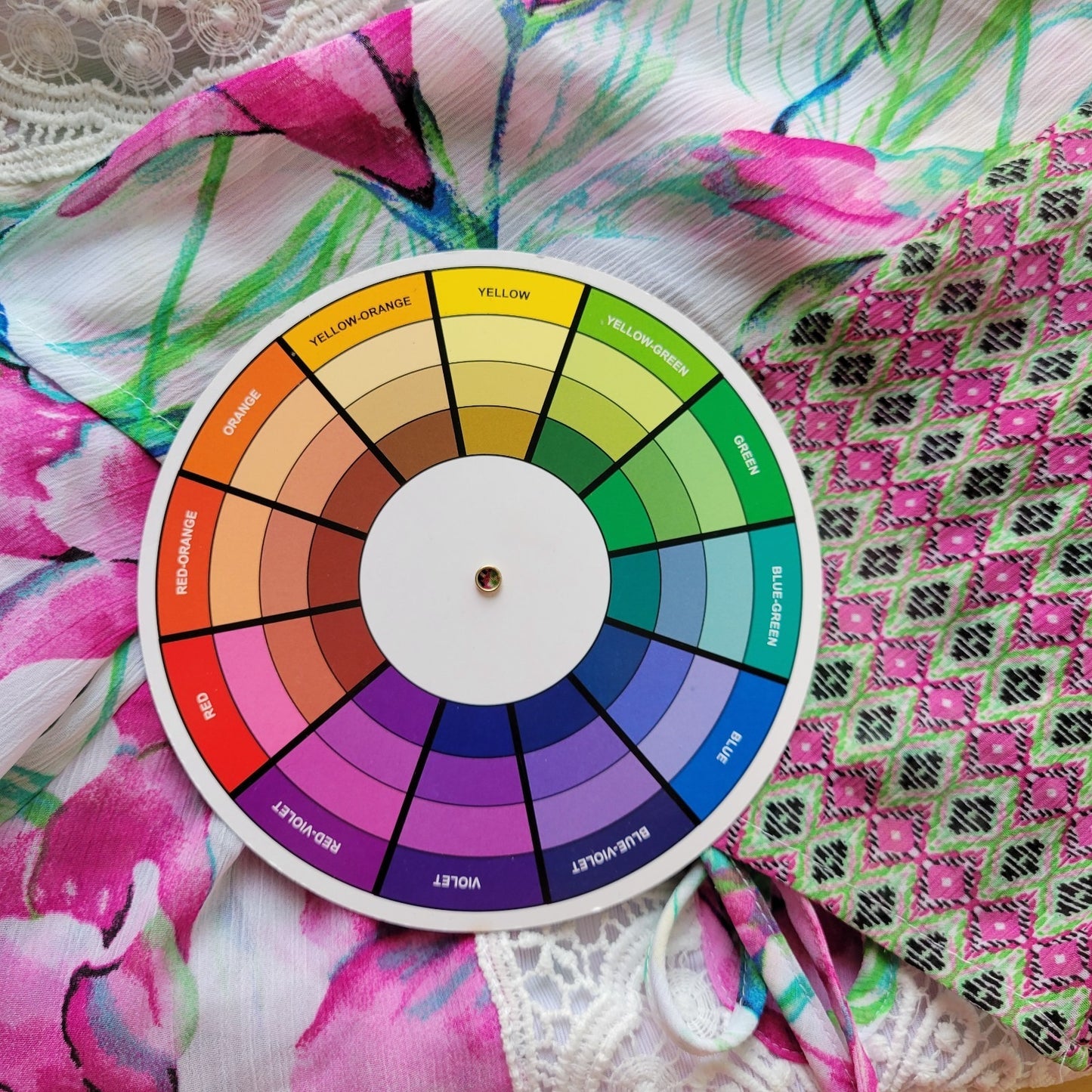 Zac Rachel Womens Top XL 3/4 Sleeve Pink Green Floral Sheer Keyhole Lace Trim