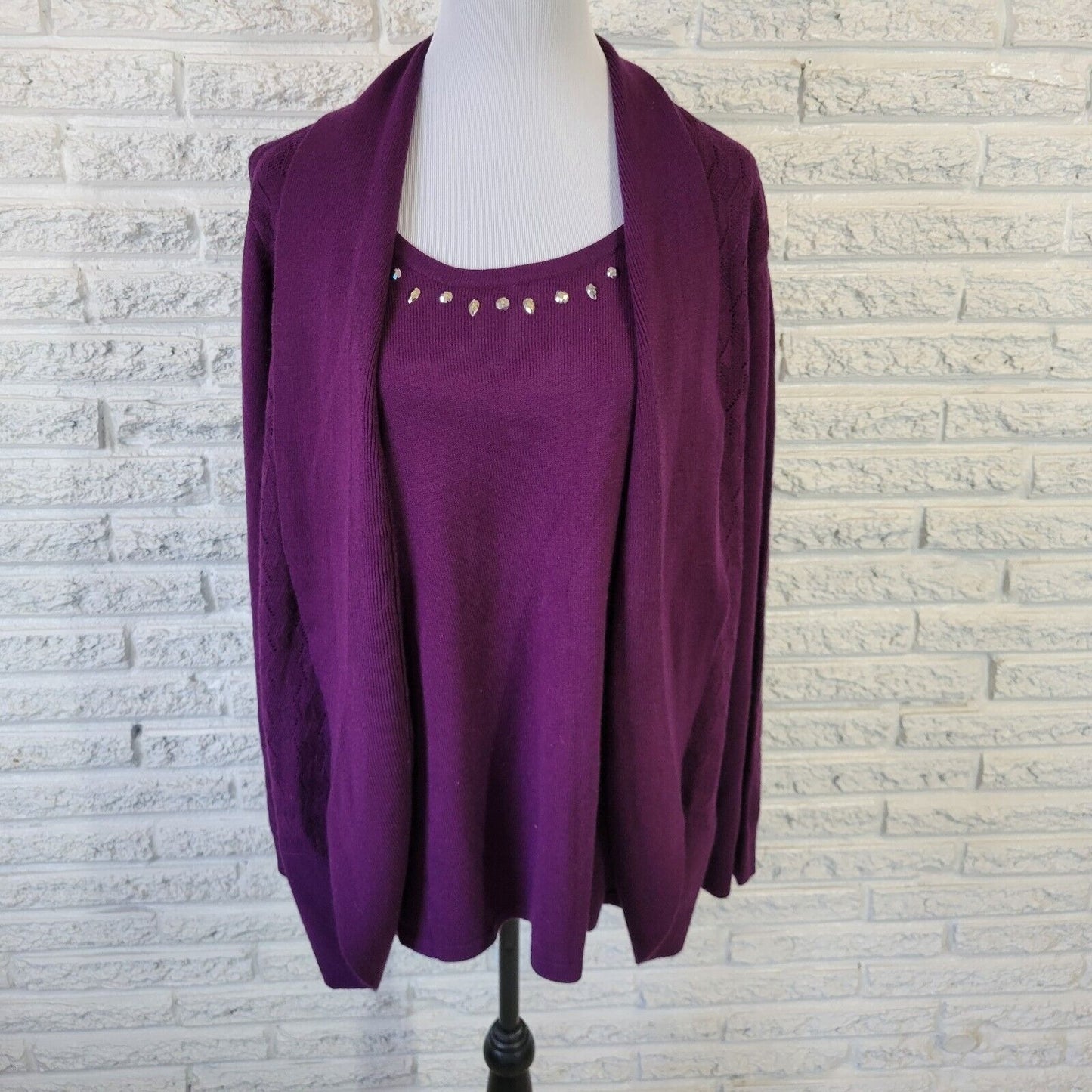 Sag Harbor Womens Sweater 1X Plus Long Sleeve Purple Rhinestones Office Casual