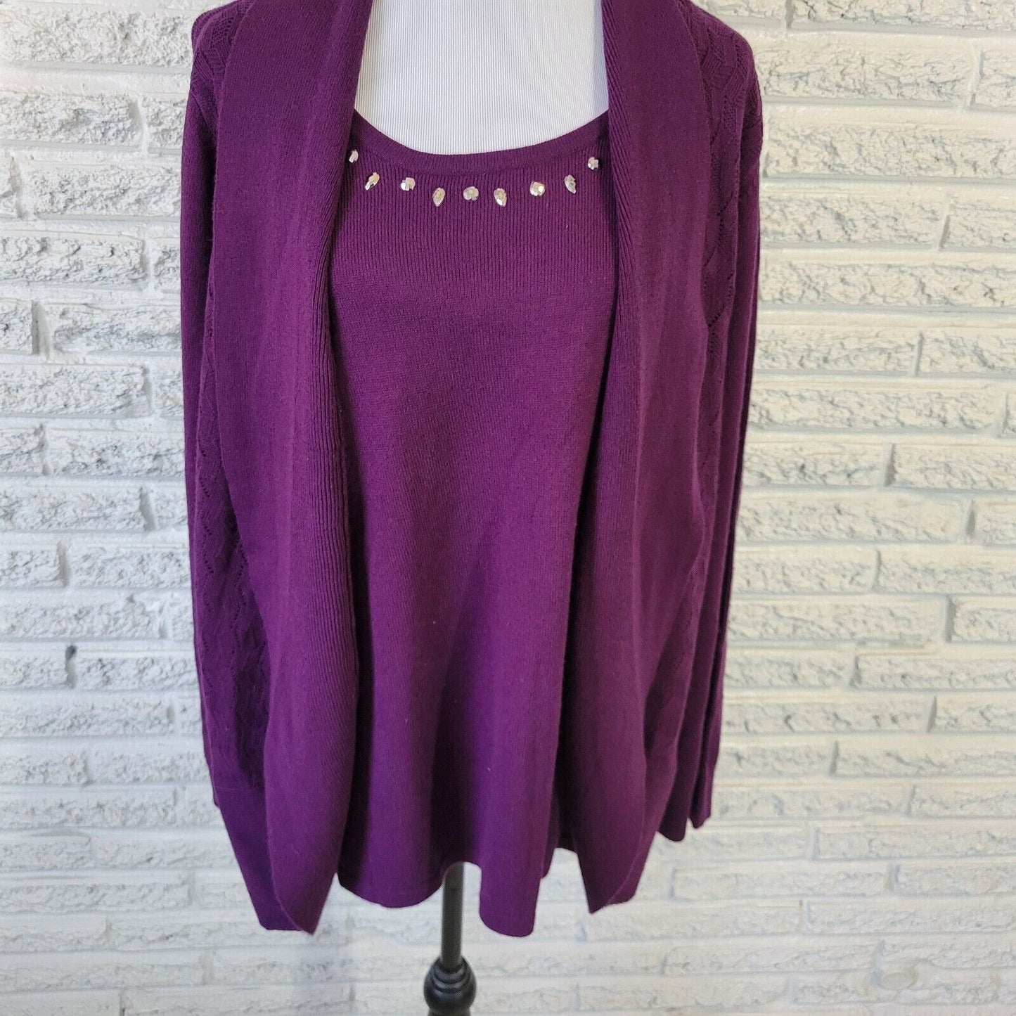 Sag Harbor Womens Sweater 1X Plus Long Sleeve Purple Rhinestones Office Casual