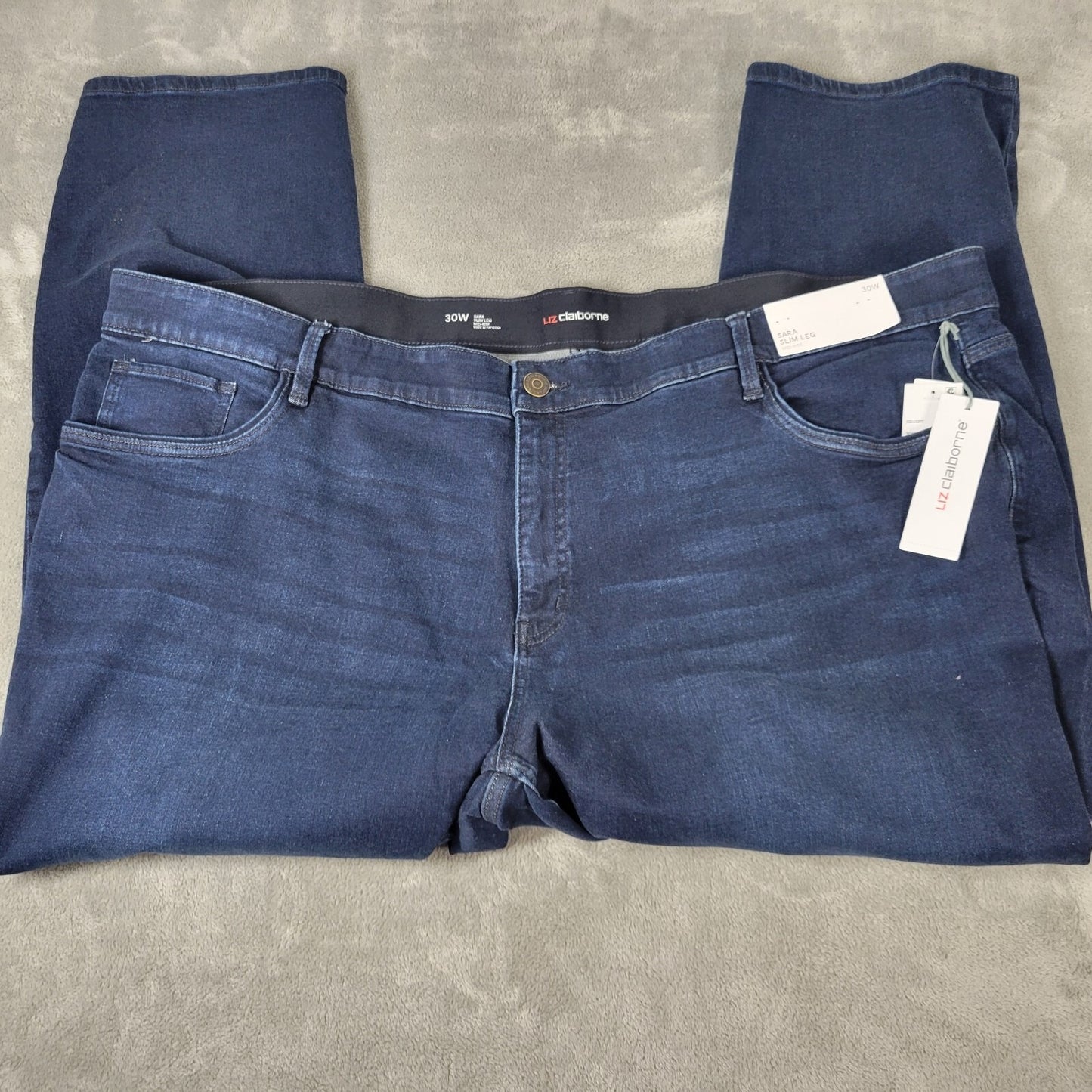 Liz Claiborne Womens Jeans 30W Sara Slim Straight Leg Mid Rise Dark Blue Denim