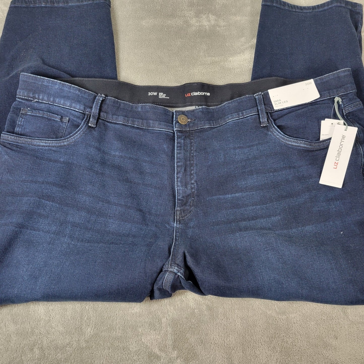 Liz Claiborne Womens Jeans 30W Sara Slim Straight Leg Mid Rise Dark Blue Denim