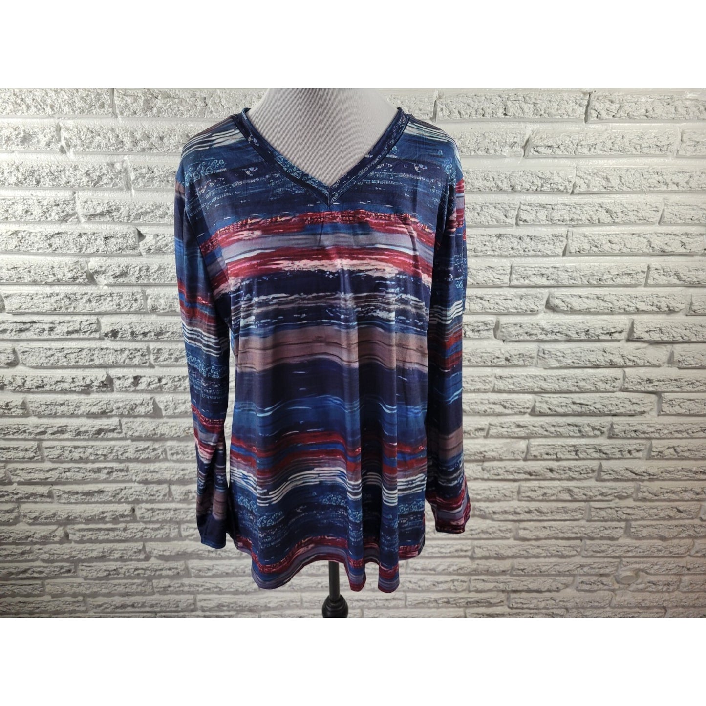 Emery Rose Women Top 1XL Plus Tee Tunic Long Sleeve Blue Watercolor Poly Blend