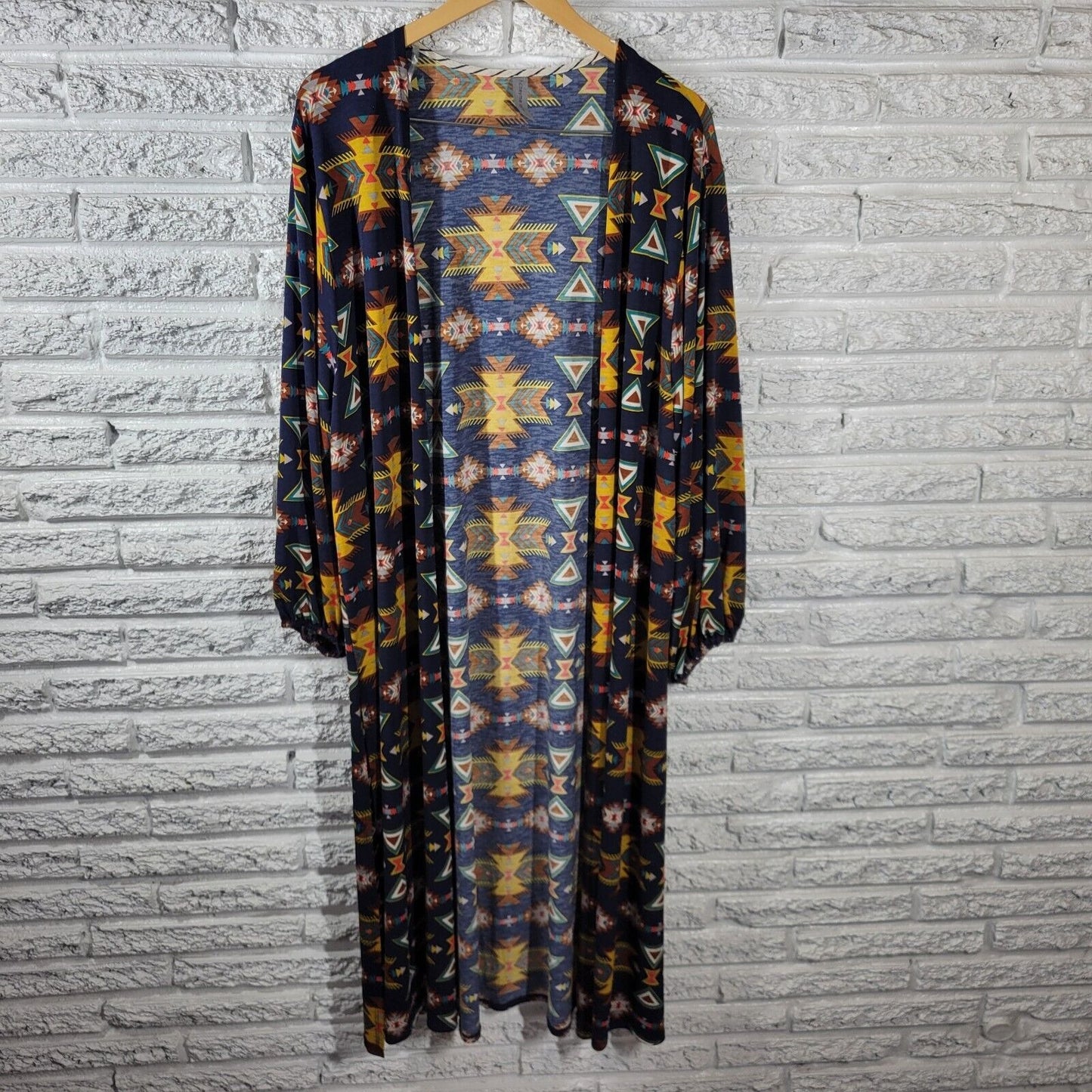 Honeyme Curvy Womens Top Extra Large XL Duster Long Blue Tribal Slit Open Career