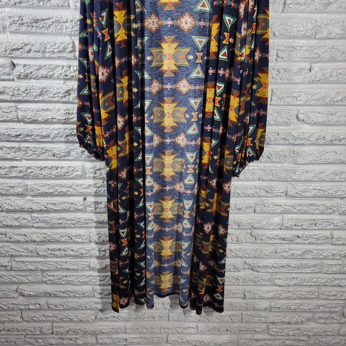 Honeyme Curvy Womens Top Extra Large XL Duster Long Blue Tribal Slit Open Career