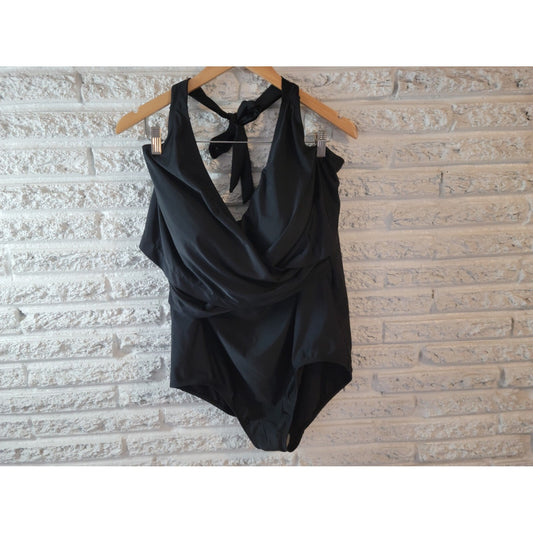 Time Tru Womens Swimsuit 2X 20W 22W Plus One Piece Halter Black Built in Bra