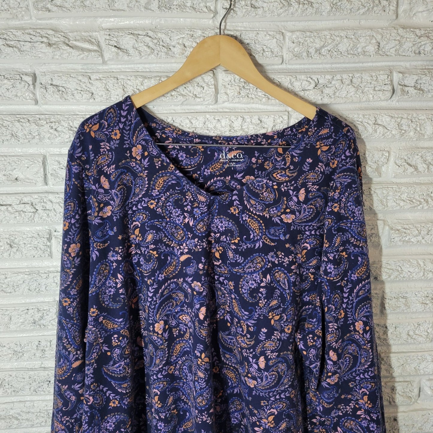 Denim Co Womens Top 5X Plus Long Sleeve Blue Paisley Cotton Blend Comfy Casual