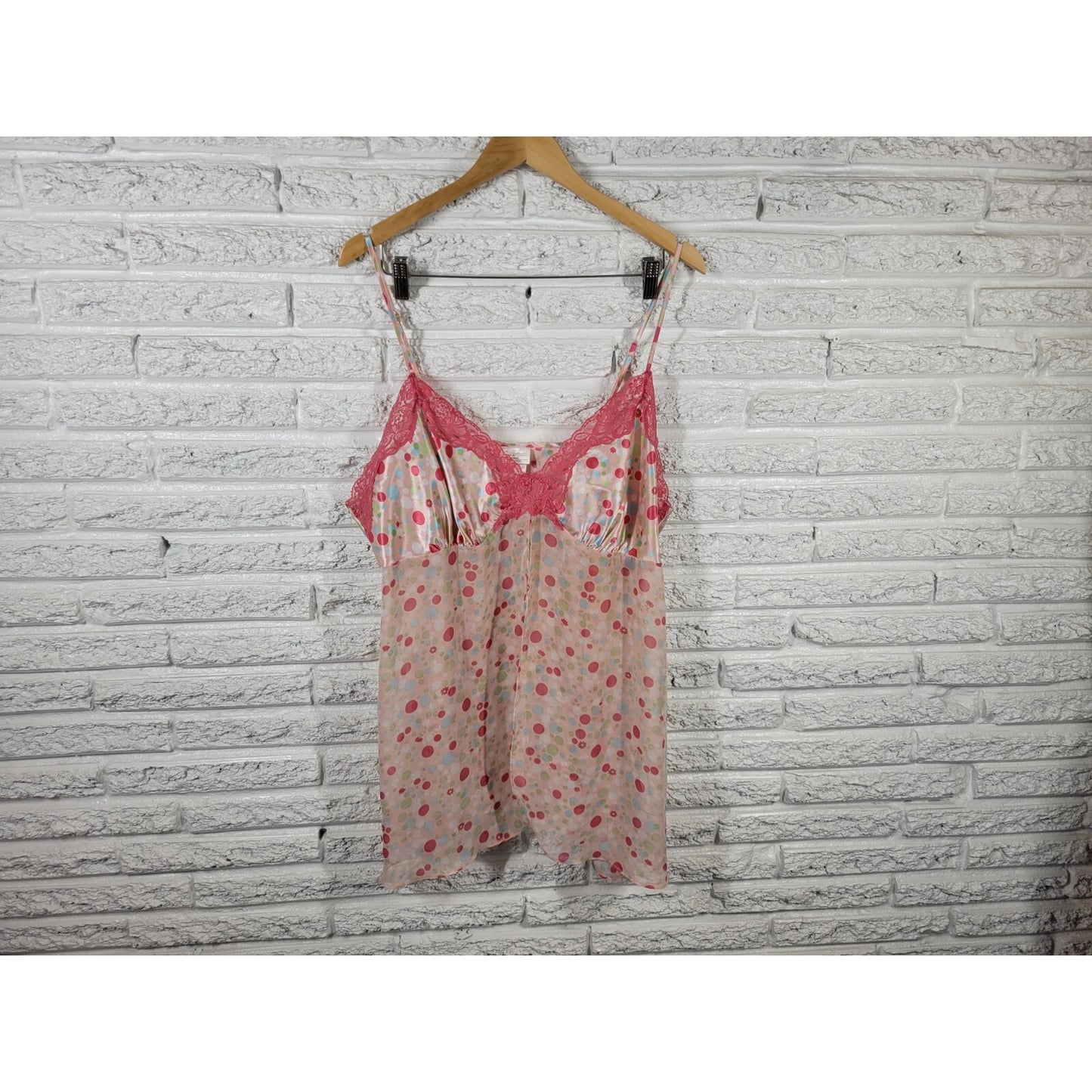 Secret Treasures Women Top 2X Plus Cami Pink Polka Dot Lace Trim Open Front