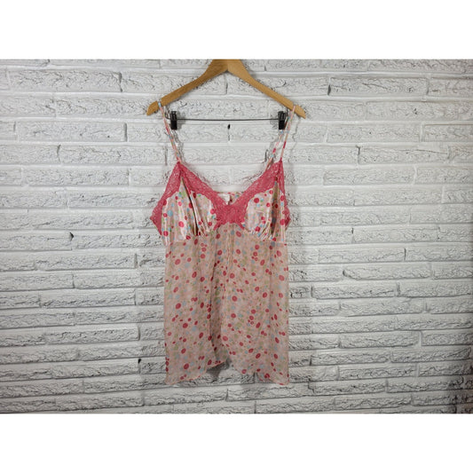 Secret Treasures Women Top 2X Plus Cami Pink Polka Dot Lace Trim Open Front