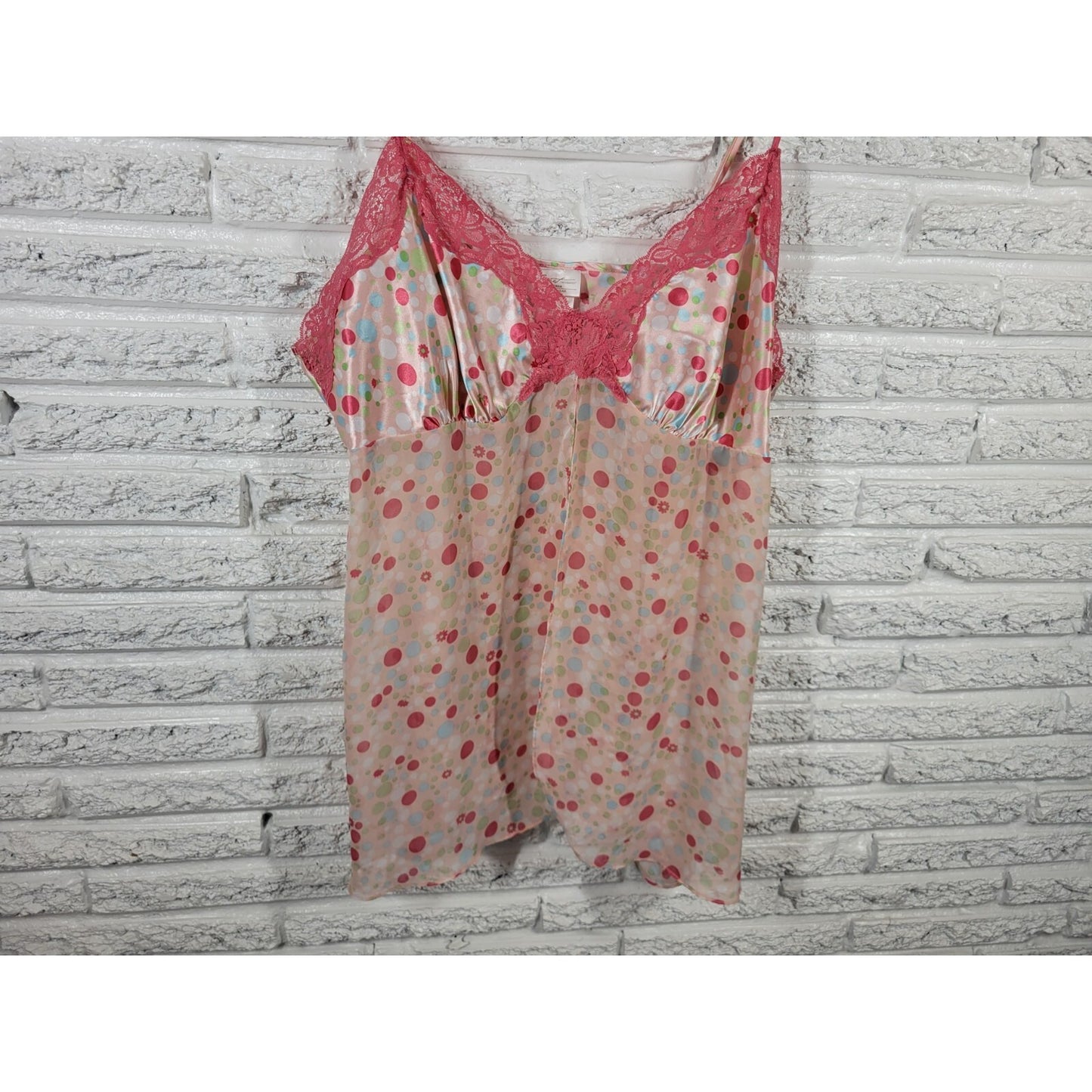 Secret Treasures Women Top 2X Plus Cami Pink Polka Dot Lace Trim Open Front