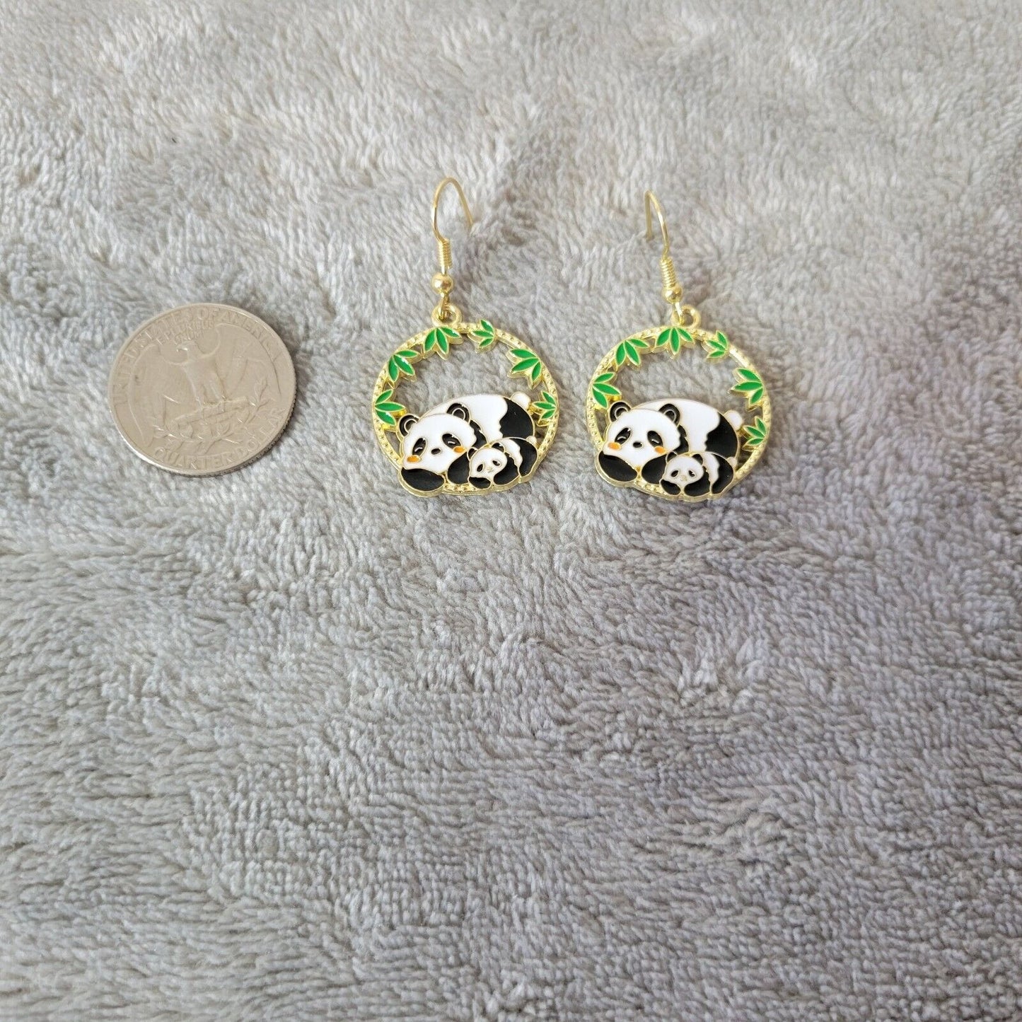 Panda Bear No. 2 Earrings Mom Baby One Pair Gold Tone Hanging Dangle Fish Hook