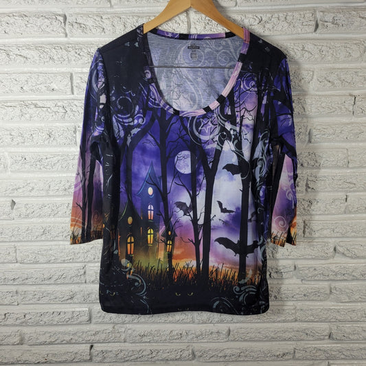 Halloween Womens Top XL 16 18 Tee 3/4 Sleeve Purple Haunted House Spooky Night