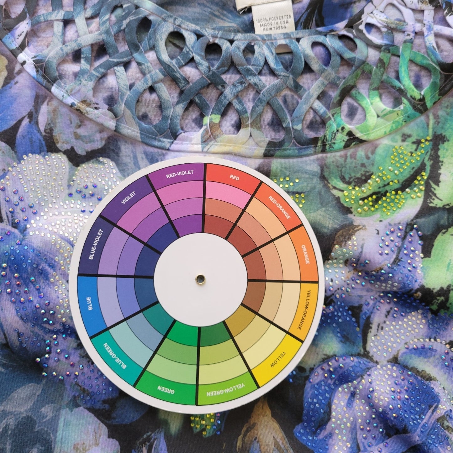 Chicos Womens Top 3 Standard XL 3/4 Sleeve Blue Floral Semi Sheer Rhinestones