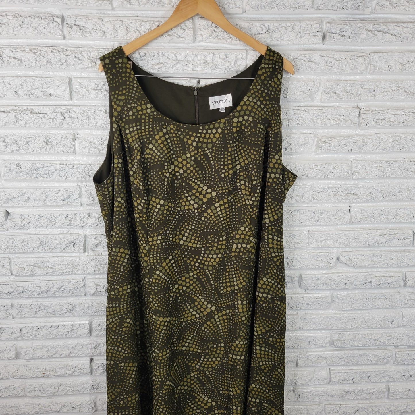 Studio I Womens Dress 22W Plus Sleeveless Shift Green Geometric Zip Lined Office