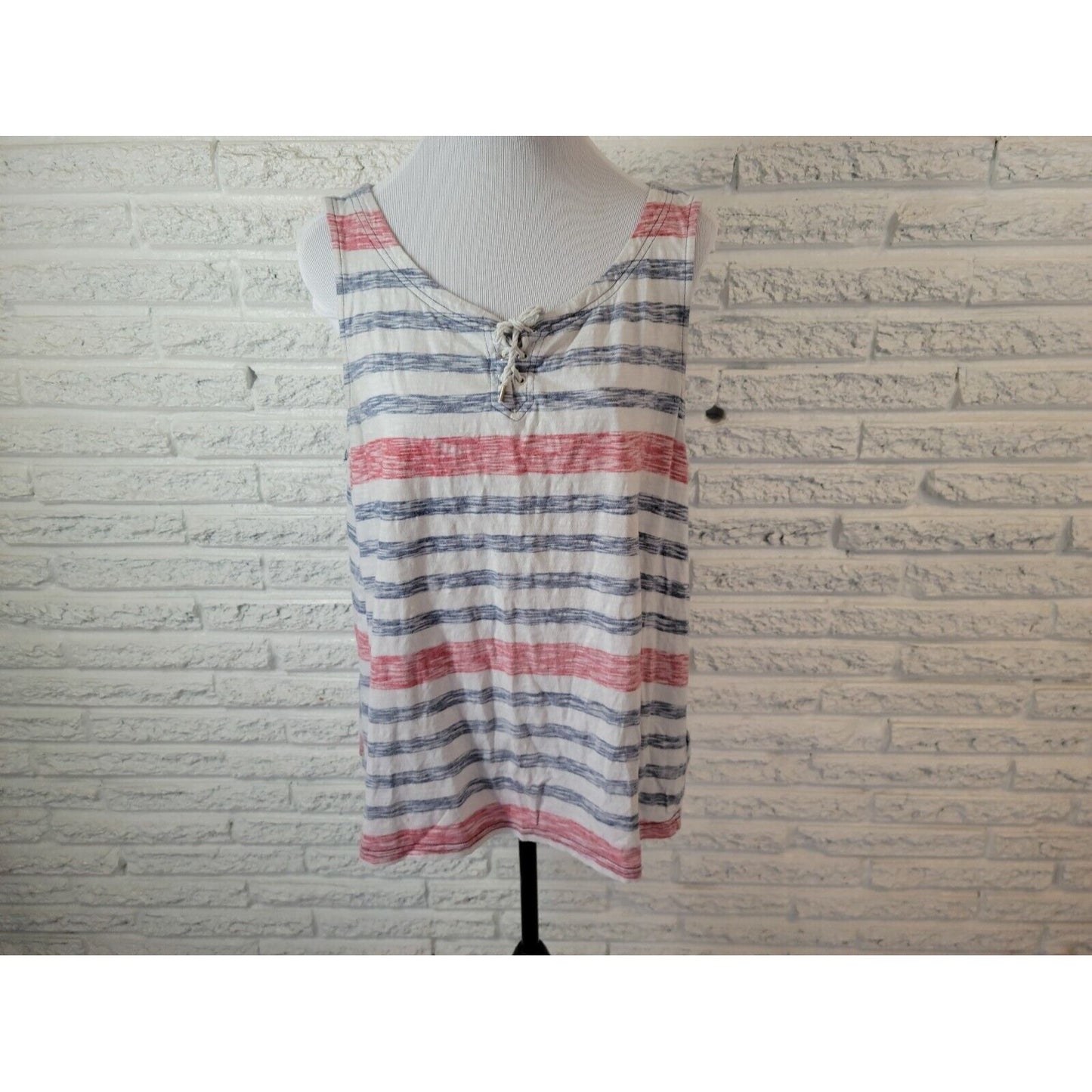 Fourth of July Chaps Womens Top XXL Tank Patriotic Red Blue Stripe Muted Lace Up