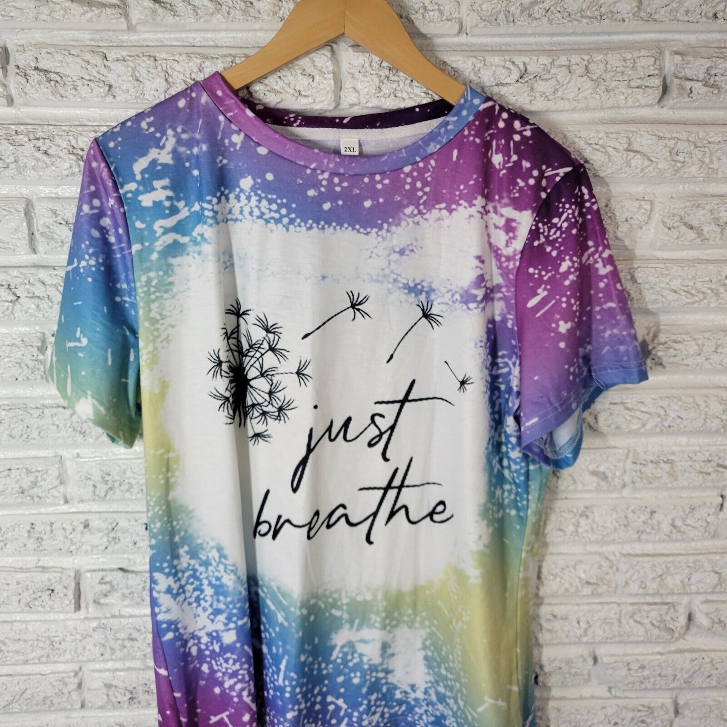 Womens Top 2XL Plus Tee Short Sleeve Just Breathe Dandelion Comfy Purple Blue