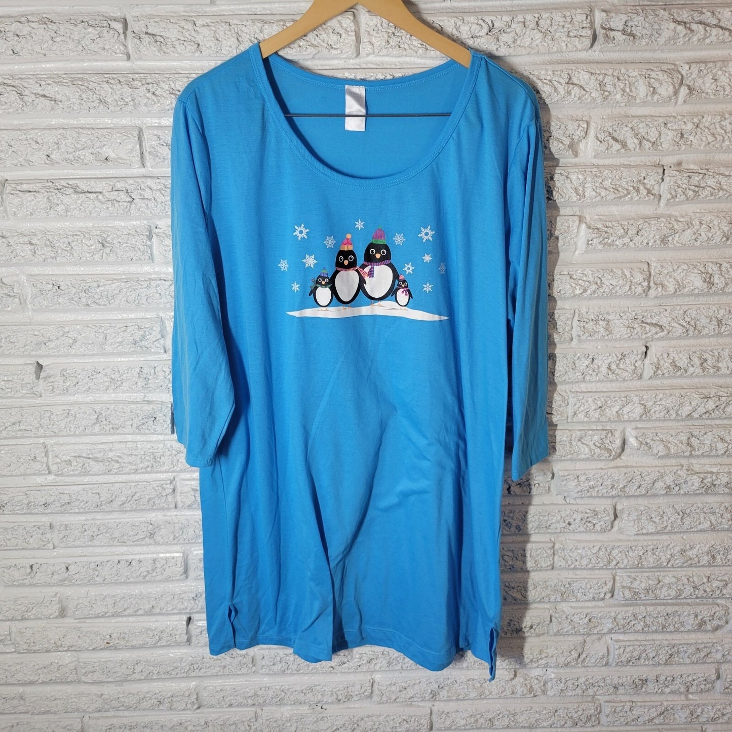 Women Sleep Shirt Nightgown 1X 2X Plus 3/4 Sleeve Blue Penguins Loungewear Comfy