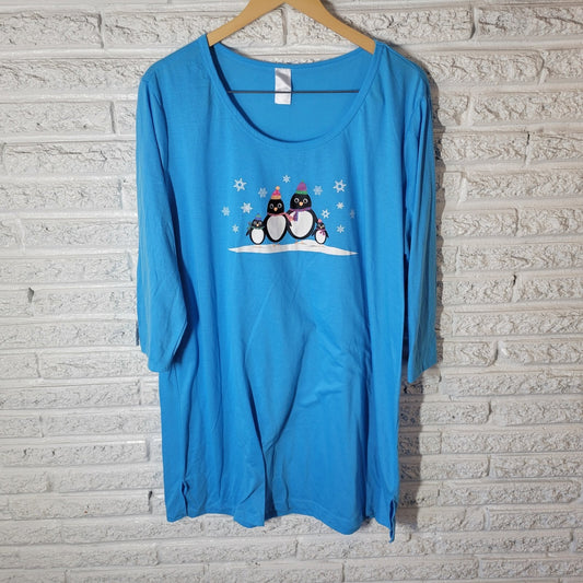 Women Sleep Shirt Nightgown 1X 2X Plus 3/4 Sleeve Blue Penguins Loungewear Comfy