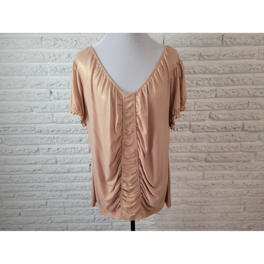 Worthington Womens Top 2X Plus Puff Sleeve Metallic Gold Glitter Ruched Beige