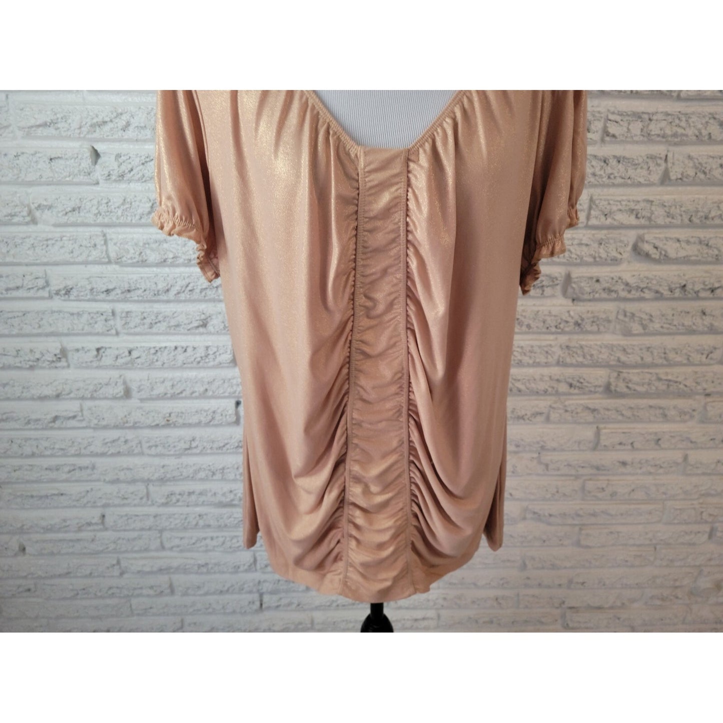 Worthington Womens Top 2X Plus Puff Sleeve Metallic Gold Glitter Ruched Beige