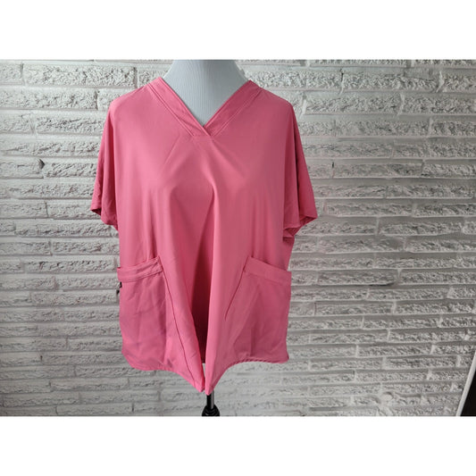 Cuddl Duds Climate Right Scrub Top 3X Plus Short Sleeve Pink Pockets Poly Blend