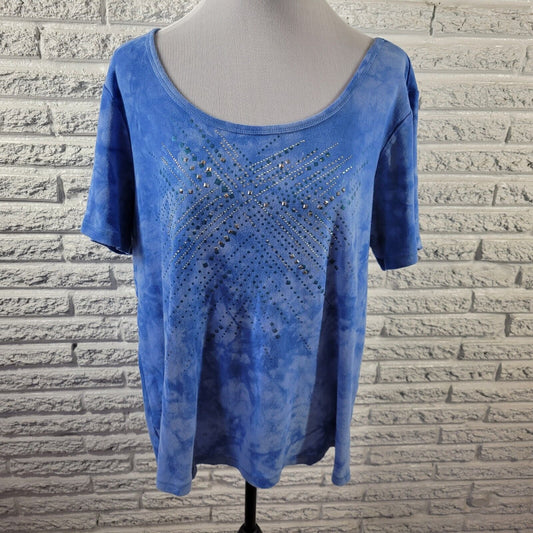 Avenue Womens Top 18 20 Plus Tee Short Sleeve Blue Tie Dye Studded Cotton Comfy