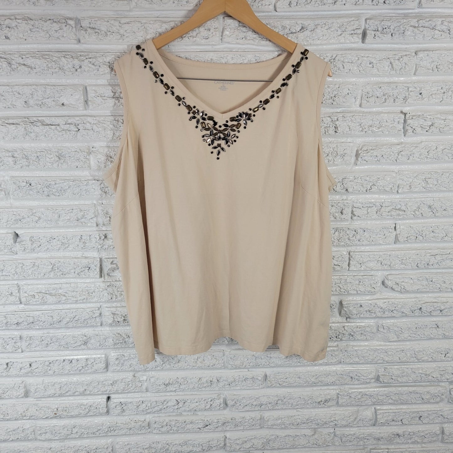Catherines Liz Me Womens Top 3X Plus Sleeveless Beige Beaded Cotton Blend Career
