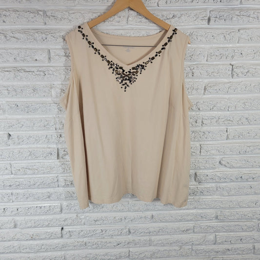 Catherines Liz Me Womens Top 3X Plus Sleeveless Beige Beaded Cotton Blend Career
