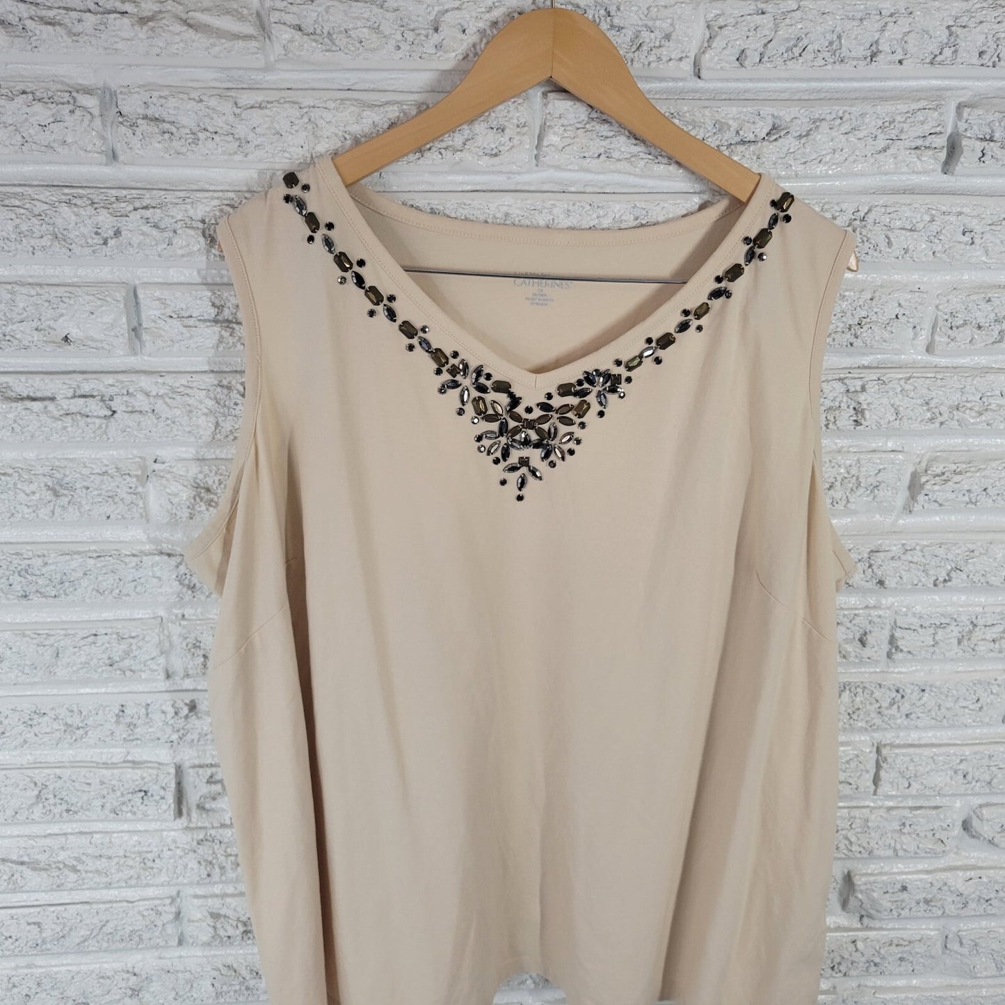 Catherines Liz Me Womens Top 3X Plus Sleeveless Beige Beaded Cotton Blend Career